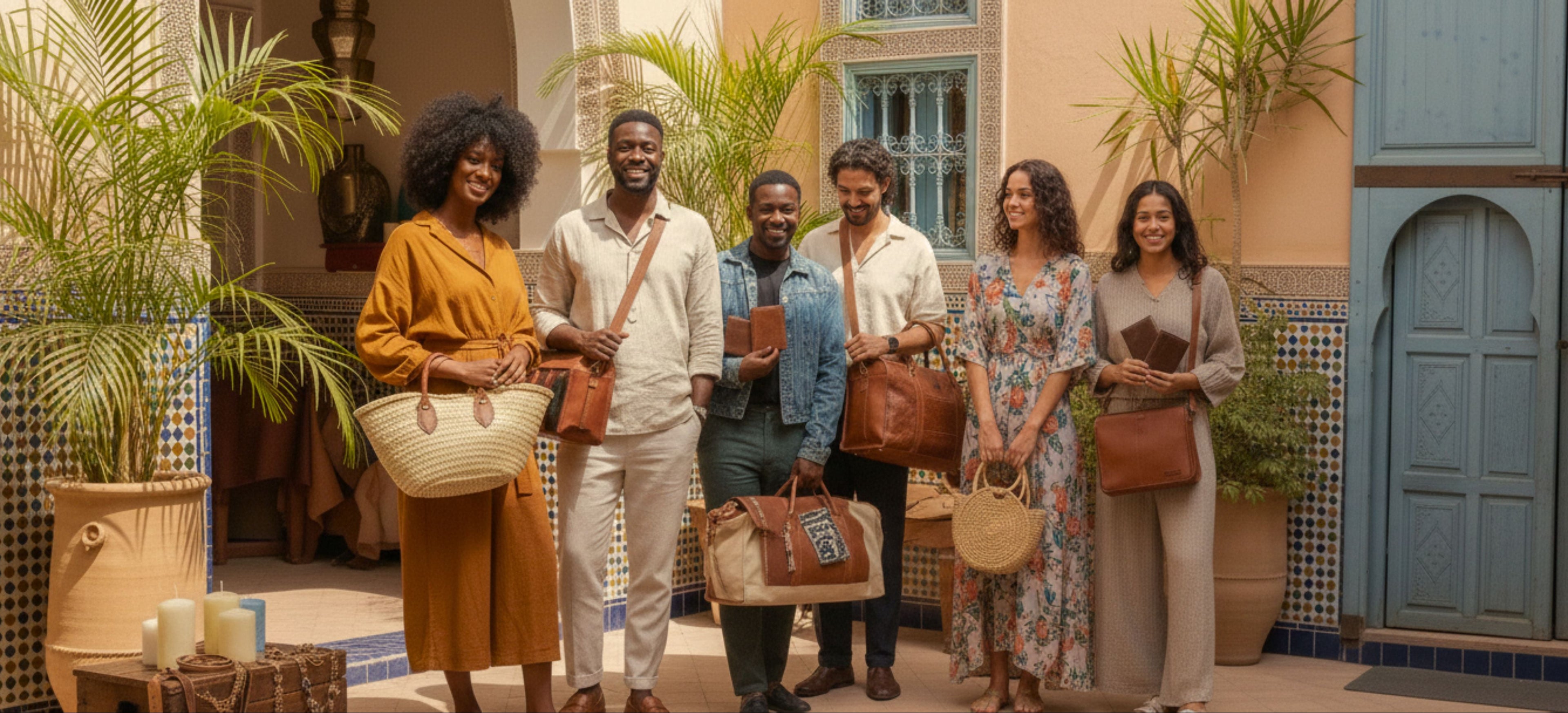 Group of people holding handbags in a decorative outdoor setting with plants and a blue door.